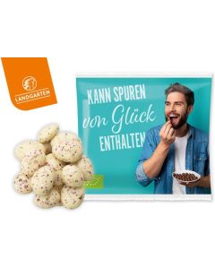 Landgarten Bio Mandeln in weißer Schokolade mit Rosenblüten - inkl. Werbedruck